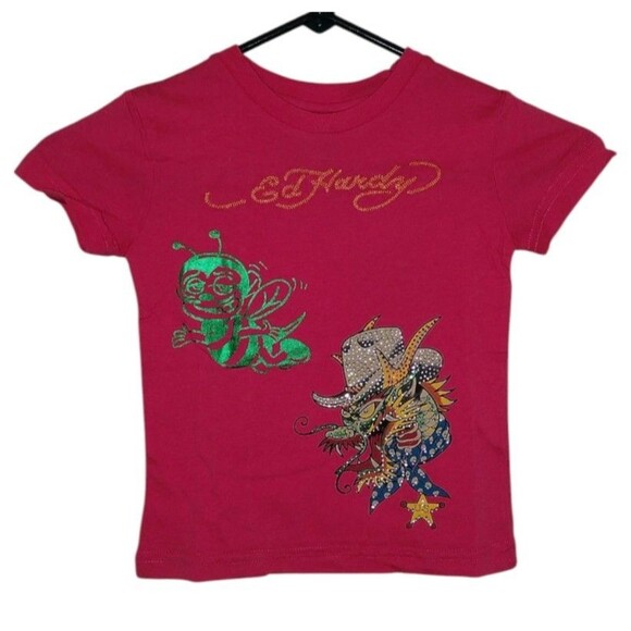 Ed Hardy Other - Ed Hardy Toddler Tee Size 2 Pink Bee Dragon w/ Cowboy Hat Rhinestones NWT
